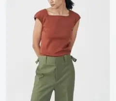 新品 マカフィー ブラウン シルキージャージスクエアネックプルオーバーS