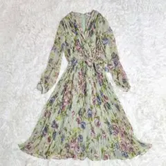 MERVEILLEUSES　プリーツ　ウエストリボン　フラワー　総柄　ワンピース