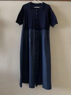 ネイビー シャツワンピース 半袖 ロング