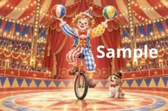 一輪車のピエロと子犬 デジタルアート イラスト