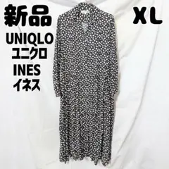 新品 未使用 ユニクロ イネス 花柄レーヨンワンピース XL ネイビー