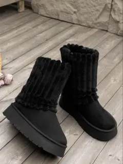 ブラックムートンブーツ 厚底リブ編み