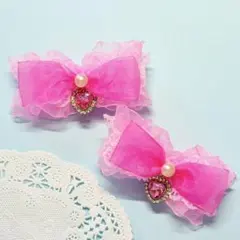 いちご リボン ヘアクリップ ピンク レース キッズ