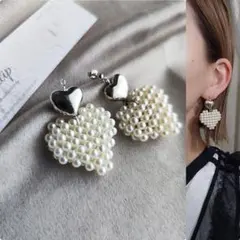 1136-S＊メタルシルバー つぶつぶ パール ダブル ハート