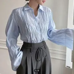 【SHEIN】ライトブルー ギャザーシャツ 長袖ブラウス　Mサイズ　春服　お洒落
