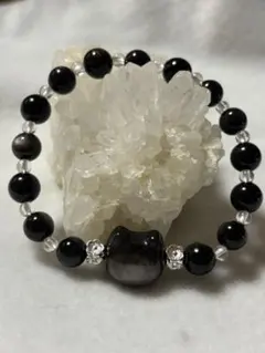 シルバーオブシディアンと水晶ブレスレット165mm