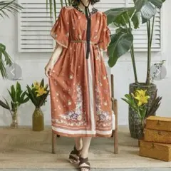 アクシーズファム　ボタニカルスカーフ柄 ワンピース　オレンジ　花柄