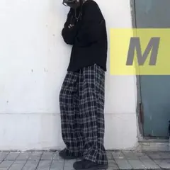 送料無料 ワイド ストレート ボトムス パンツ チェック ストリートブラック M