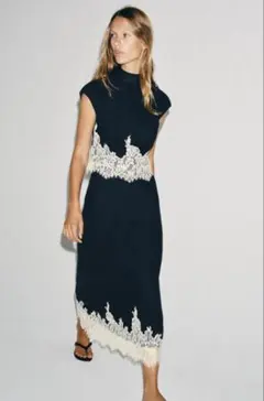 ZARA レースコンビネーション ショートトップス M ネイビーブルー／ホワイト ZARA レースコンビネーション ショートトップス M ネイビーブルー