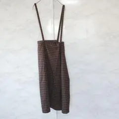 イッカ 茶 チェック サスペンダー タイトスカート 2way L