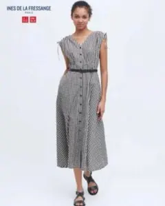 【美品】ユニクロ コットンフレアVネック ワンピース ギンガムチェック Mサイズ