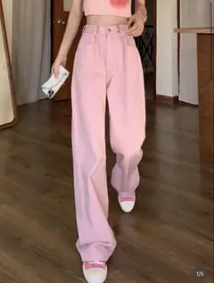 ピンク ワイドレッグデニム Mサイズ