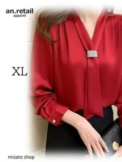 ★レディース 長袖ブラウス シフォンシャツ Vネック ボウタイ 赤 XL