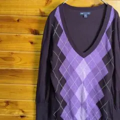 GAP　ギャップ　セーター　ニット　Ⅴネック　男女兼用　アーガイル柄　紫　古着