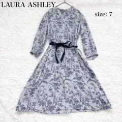 ローラアシュレイ ワンピース ボタニカル 長袖 花柄 リボンベルト ブルー S