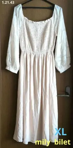 【mily bilet】XL　クリーム系色合い　シャーリングロングワンピース