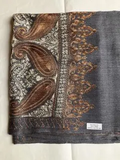 カシミール刺繍ストール ウール混　グレー×ブラウン