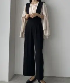 Louere 【取り外し可】ワイドサスペンダーハイウエストパンツ