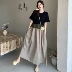 【新品】大きいサイズ夏服ゆったりストライプ半袖 ワンピース４Lラージ異素材