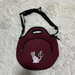 ネオプレン 2way ショルダーバッグ 猫 ラインストーン リボン ボルドー 黒