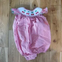 さくらんぼ刺繍 赤と白 チェック柄ロンパース夏24ヶ月