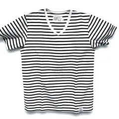 AZUL VネックTシャツ M 白黒ストライプ　夏
