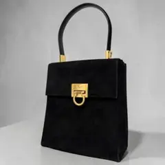 【美品】Ferragamo ガンチーニ スエード ハンドバッグ ブラック