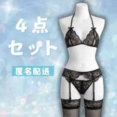 ブラック セクシー ランジェリー 4点 ガーターベルト ブラ ショーツ 穴あき