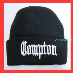 コンプトン ビーニー　黒×白 ニット帽　bboy ヒップホップ