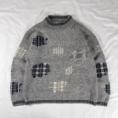 90s白タグ エディーバウアー 100%ウール セーター ニット パッチワーク柄