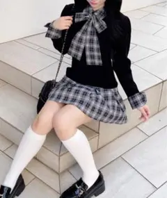 【INGNI】チェック柄ボウタイシャツドッキングニットワンピース