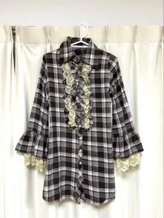 フリル付きレース　チェックシャツ　ロリータ　地雷系　ワンピース