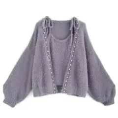 パールカーディガン×リボンキャミソールシャギーニットアンサンブル[mb1556]