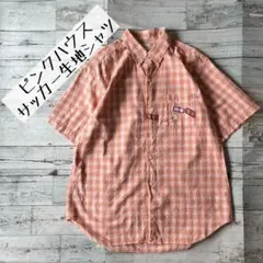 カールヘルムサッカー生地チェック柄メンズシャツパッチワークオレンジ古着U1