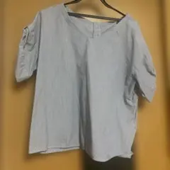 ロペピクニック　ストライプ 半袖シャツ ブラウス　バックボタン　袖リボン　お仕事