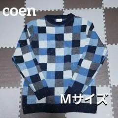 【coen】クレイジークルーネックニット Mサイズ ブルー チェック柄