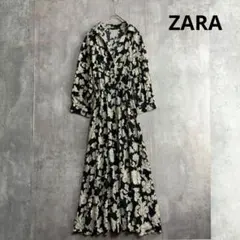 ZARA　ザラ　花柄　長袖　シャツワンピース　ウエストゴム　黒ベージュ