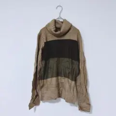 タートルネックニット L ベージュ カーキ ブラウンストライプ