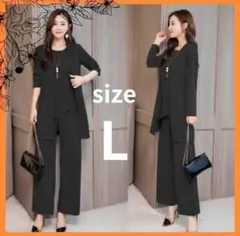 レディース3点セット L フォーマル パンツスーツ セットアップ 韓国 黒