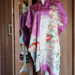 正絹綸子訪問着 紫と白の花柄　解き反物