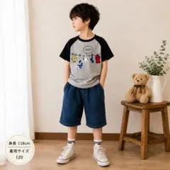 PEANUTS スヌーピー ラグランTシャツ 120 半袖 ピーナッツ 黒グレーのサムネイル