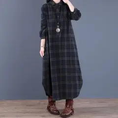 2XL ロング ワンピース　シャツ　チェック柄　緑　サイドスリット　a12