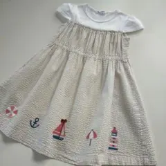 美品★2022SS★110cm familiar 白×ストライプ 半袖ワンピース