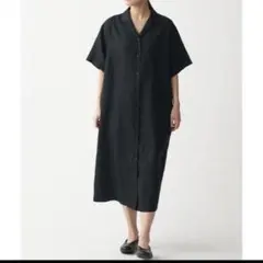 無印良品　フレンチリネン　五分袖開襟ワンピース