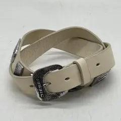 ★KO1948□DIESEL レザーベルト ロゴスタッズ 85㎝ ホワイト