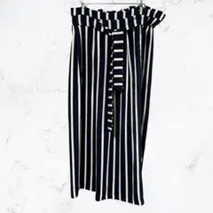 13469 ザラ ストライプ ワイドパンツ ガウチョ L 紺 白 ベルト付