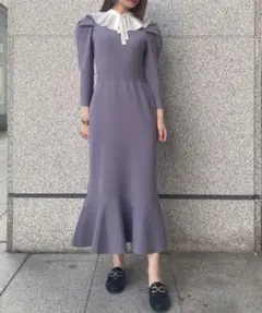 SNIDEL プリーツカラーニットワンピース ブルー