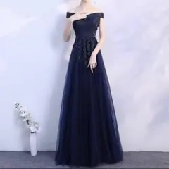 お花のデザインがオシャレなオフショルのチュール ロングドレス