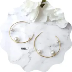 フープピアス/ゴールド金 パール 真珠 大ぶり ステンレス 揺れる129