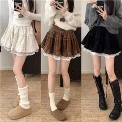 スカート　ミニスカート　コーデュロイ　レース　レディース　2色選択　L